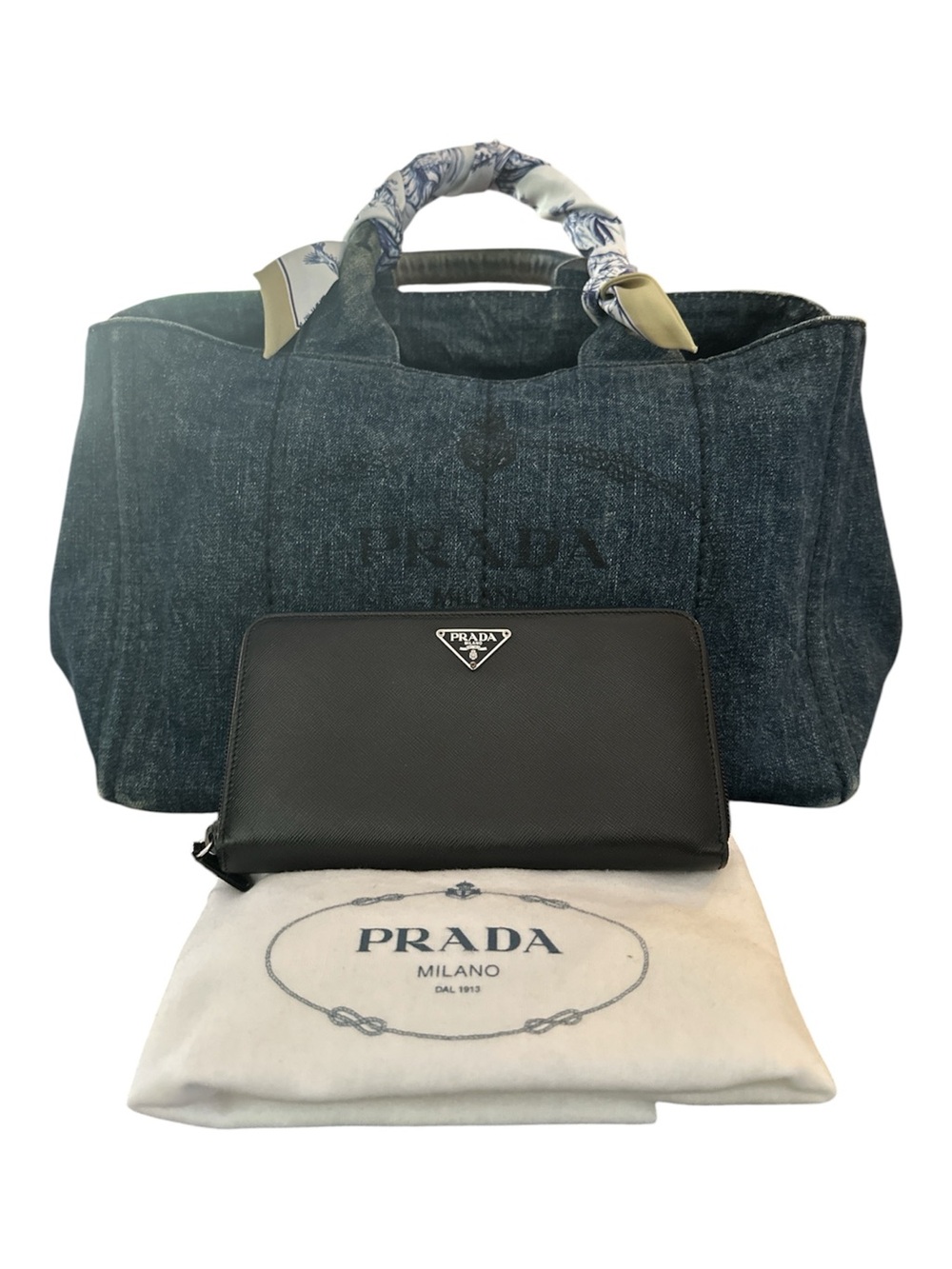 Great Bundle ‼️Prada Canapa Large Blue Denim Tote & Black Prada Saffiano Wallet💙